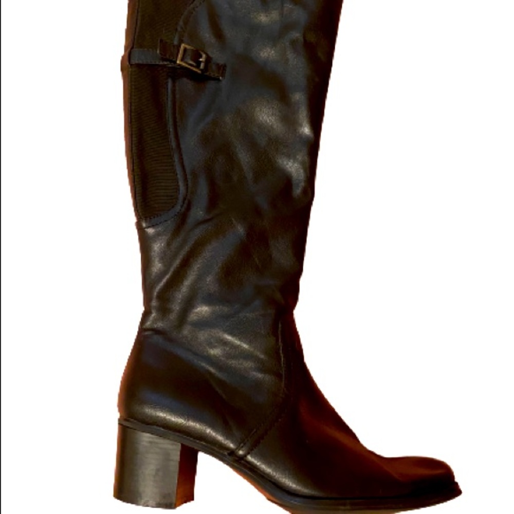 Size 9 Laura Ashley black pleather with cloth accents and buckle heeled boots